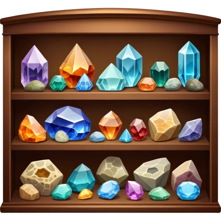 Icon for Mineral, Stone & Fossil Collecting: a display of various colorful minerals, gemstones, and fossils, arranged neatly on a table or shelf. The icon should reflect the beauty and scientific interest of collecting natural specimens. Transparent background. emoji