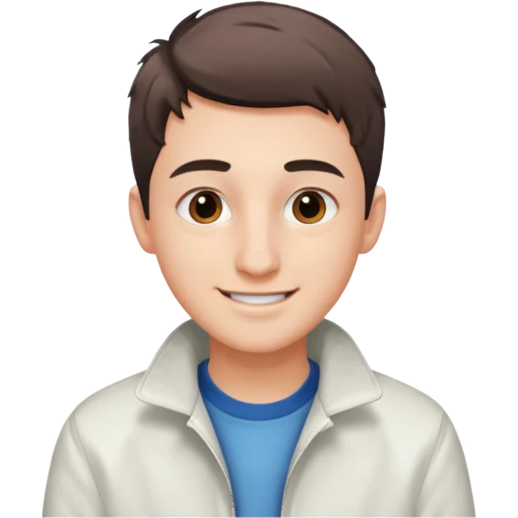 teenage man with very short gradient hair, brown eyes and long lashes, big nose and he is wear a white jacket emoji