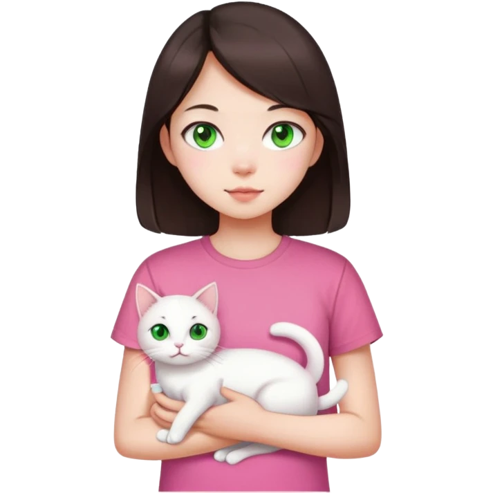 This Chinese girl has fair skin. She has long semi-short dark brown hair and is wearing a pink T-shirt. She is holding a white cat, her cat has green eyes emoji
