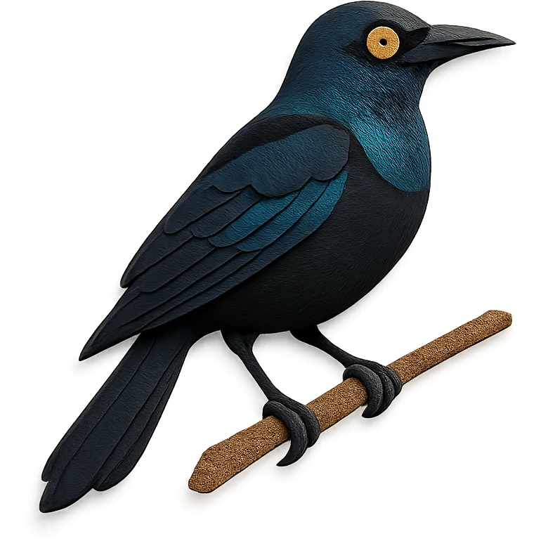 common grackle on a branch, layered paper details, glossy black plumage with blue and green highlights, expressive yellow eye, naturalistic pose emoji
