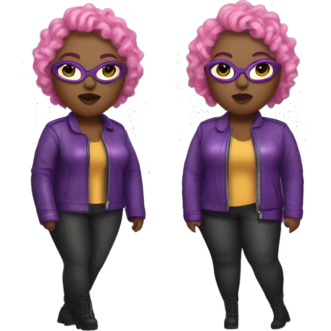 Edgy Plus size black woman with bald short pink curly hair and a purple leather biker jacket with makeup on face. emoji