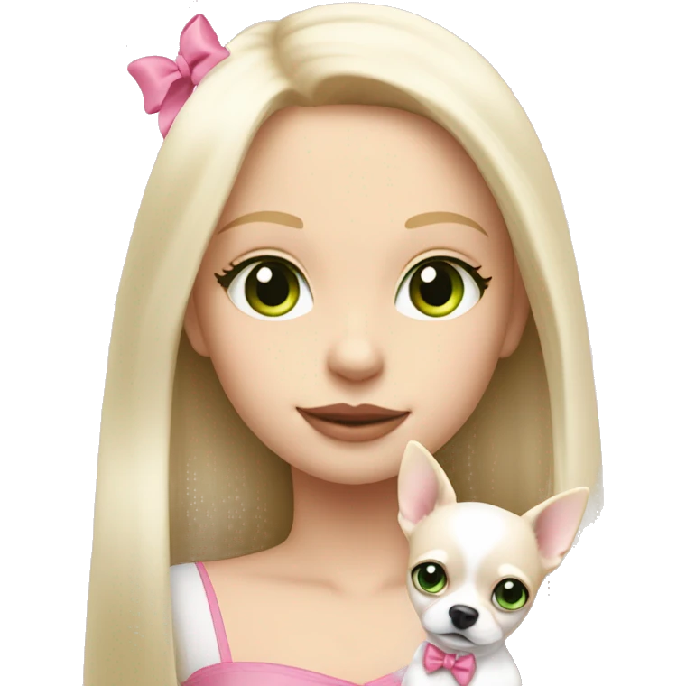 pale blond girl with long platinum hair with green eyes holding a white chihuahua puppy that wearing a pink bow emoji