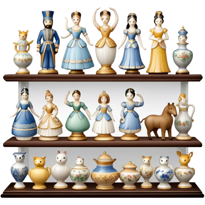 Icon for Porcelain Figurine Collecting: a collection of delicate porcelain figurines, such as animals, dancers, and historical characters, displayed on a shelf or in a display case. The icon should convey the elegance and artistry of collecting porcelain statues. Transparent background. emoji