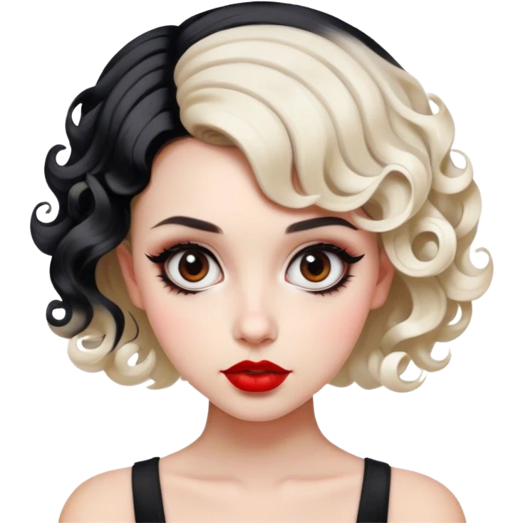 a girl, 26 years old, short hair curled inwards, two-tone hair with the front half black and the back half white. big eyes, red lips, very cool emoji