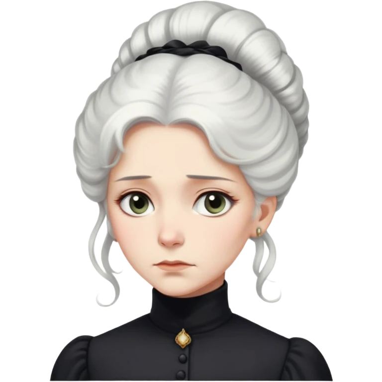 A Victorian woman with elegant coiffed white hair and light eyes wearing a modest black turtleneck mourning dress looking down with a forlorn expression emoji