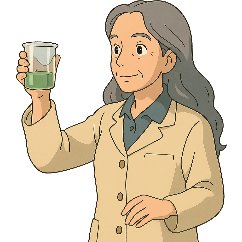 woman science teacher with long graying hair, holding a beaker, in ghibli style emoji