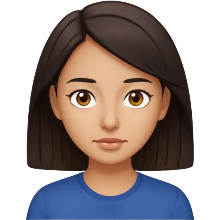  Una donna con una maglietta a mezze maniche blu scuro, i capelli lisci,lunghi,castani scuro e gli  occhi marroni la pelle olivastra emoji