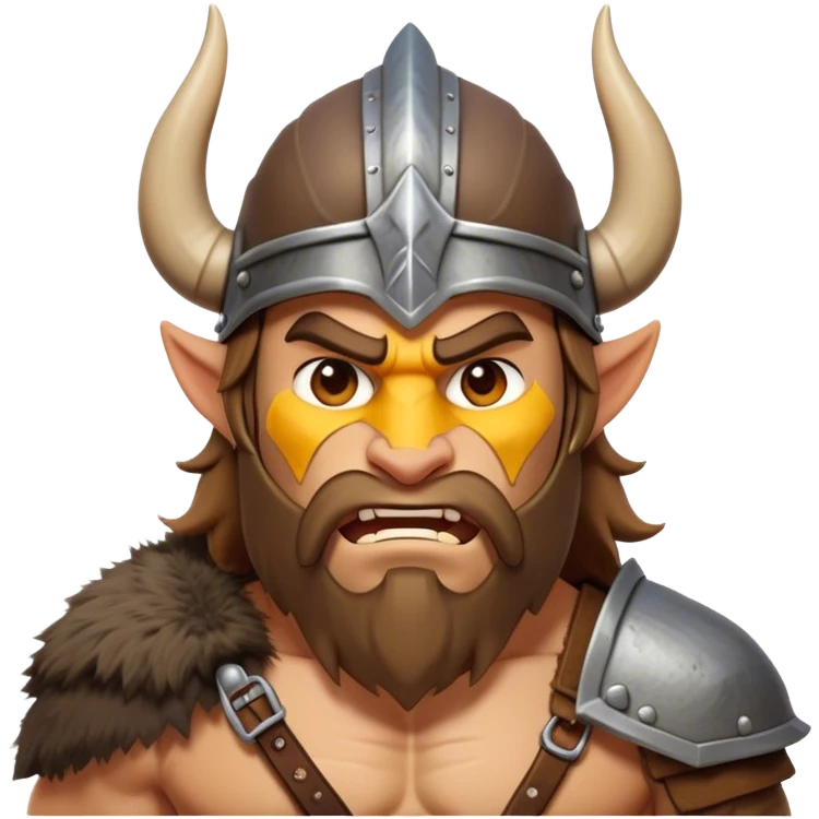 Clash of Clans aesthetic: Cinematic Fierce Barbarian Portrait Emoji, Poised and bold with a rugged yet cartoonish build in tattered furs and a horned helmet, his face rendered in a natural skin tone (not yellow), expressive bright eyes and a confident smirk, Simplified yet dynamic features, highly detailed, glowing with a vivid, adventurous aura, high shine, heroic and spirited, stylized with an air of medieval warrior charm, focused and energetic, soft glowing outline, capturing the essence of a fearless barbarian adventurer ready to lead his clan with spirited valor! emoji