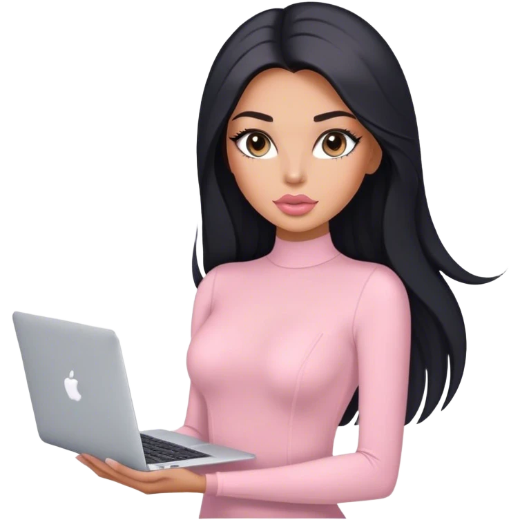 Glamours, tanned, very beautiful girl, with big pump peach-beige-rose lips, long lashes, black straight smooth silky long hair, straight parting hair, blue-grey eyes, in light-pink bodysuit holding MacBook emoji