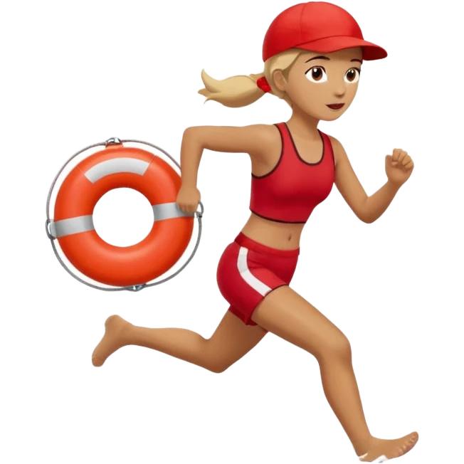 Female lifeguard – red cap, running along shore with rescue buoy emoji