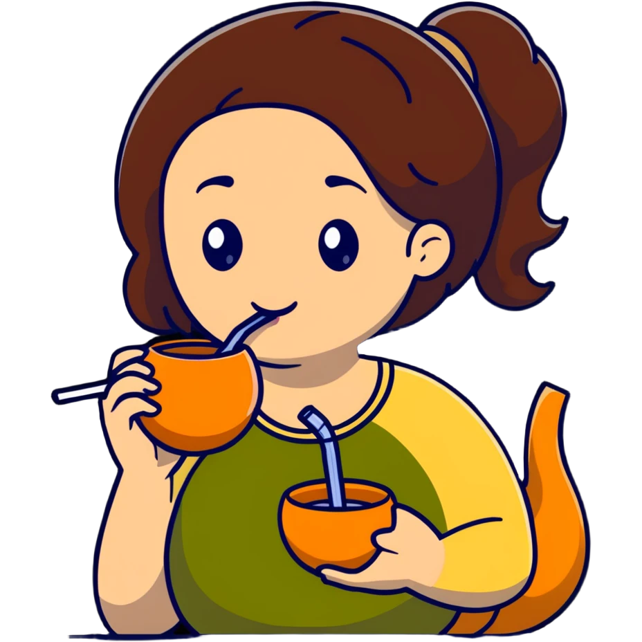 brunette woman drinking mate from a gourd with a bombilla straw, cute and expressive emoji