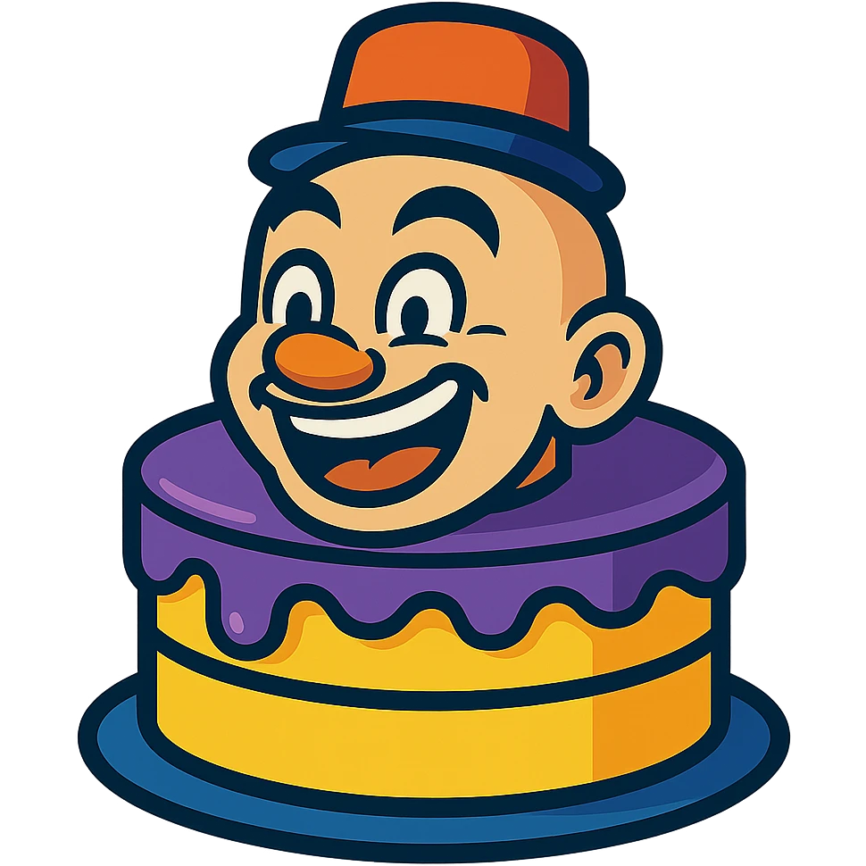 cartoon style cake with an exaggerated smiling face of Bald Qiang, featuring Bald Qiang's iconic hat on top emoji