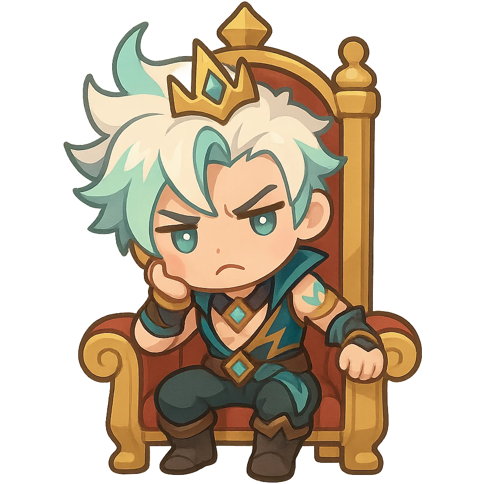 chibi emoji of Soul Fighter Viego sitting on a king's chair, cute and expressive, League of Legends inspired emoji