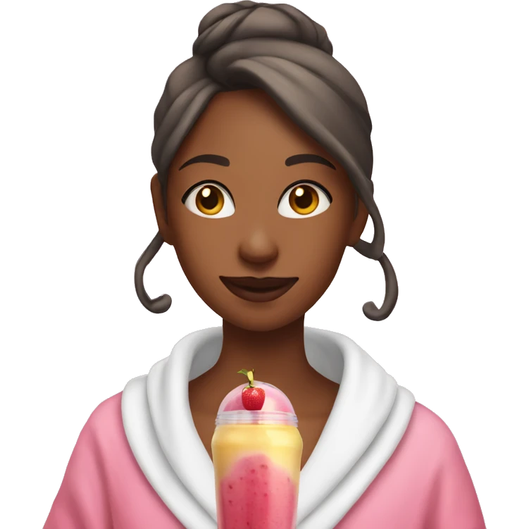 Girl in pink bathrobe with smoothie in hand emoji