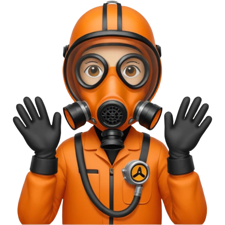 person in an orange suit, wearing a gas mask and black gloves emoji