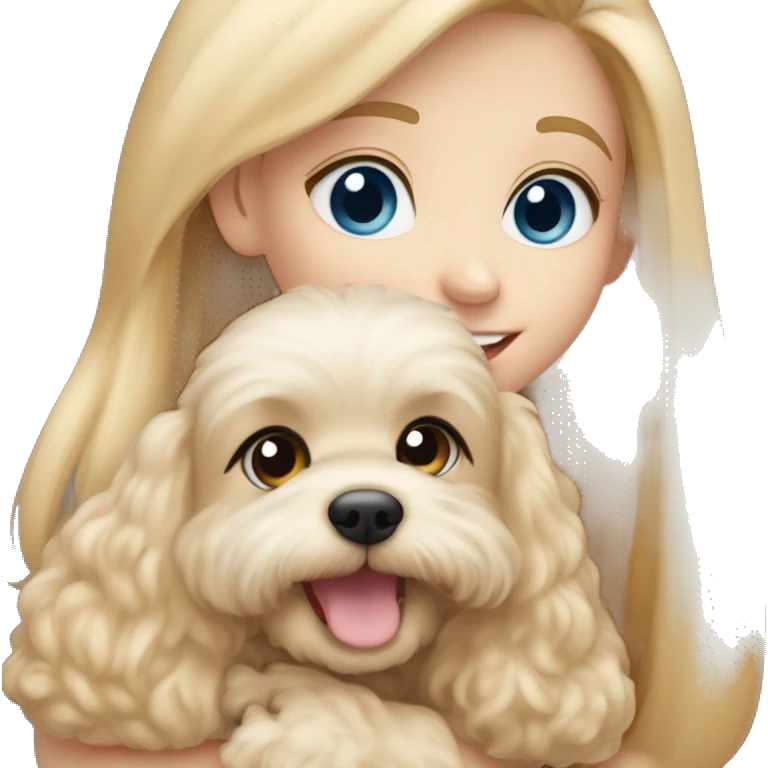New year Blonde girl with very long straight hair and blue eyes is hugging a small caramel maltipoo and the dog is smiling  emoji