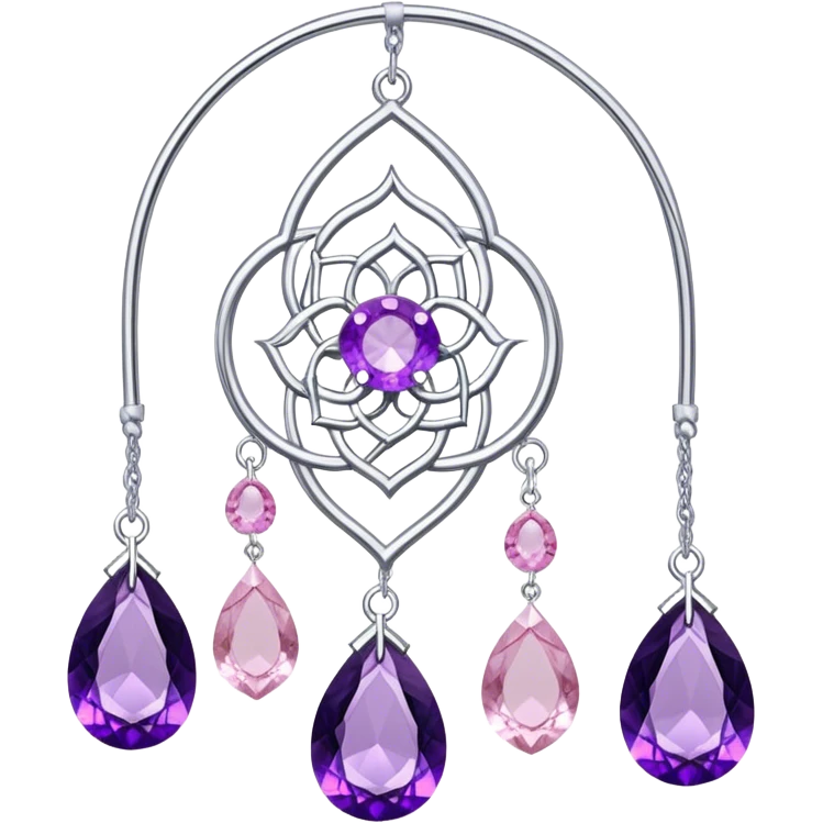 Epic Hanging silver suncatcher, threads with shiny sparkly amethyst and rose-quartz gemstones, detailed, high quality, high resolution, realistic emoji