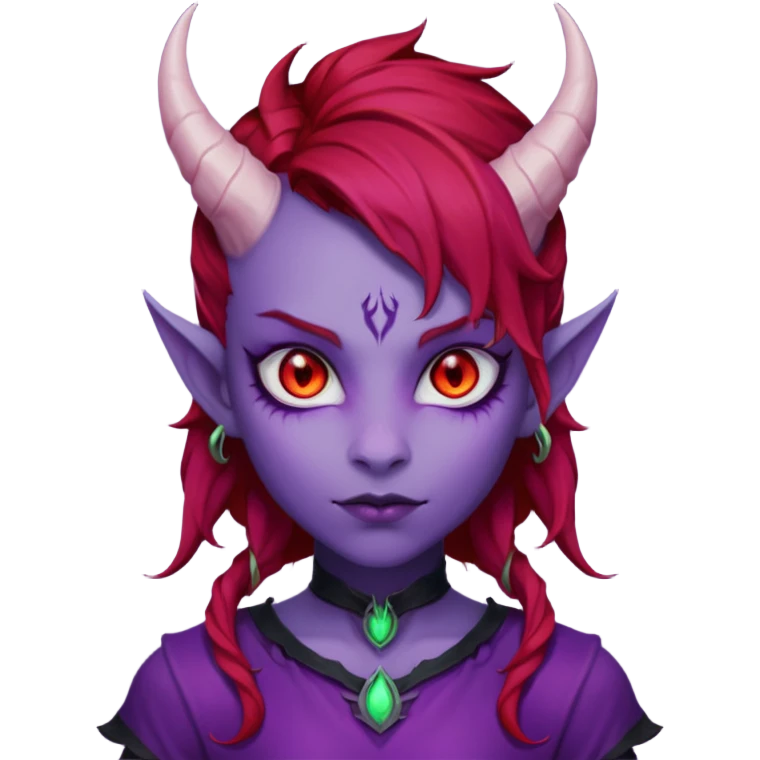 Demon Girl Purple Skin Dragon Horns Black Eyes Red Glowing Pupils Auburn Haired Red Shirt  emoji