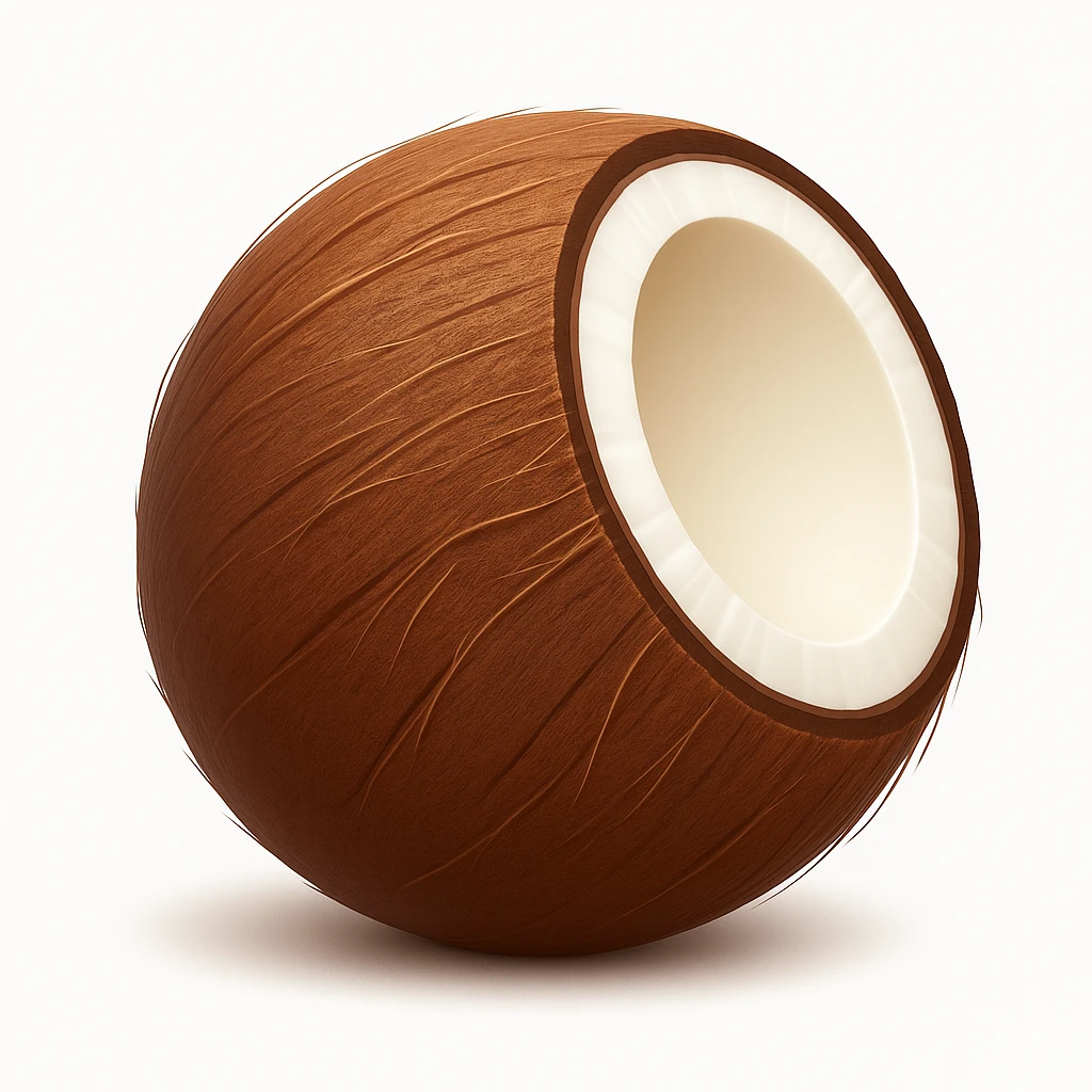 Create a coconut emoji that looks exactly like the reference image in the style of iOS emojis. The emoji should have a 3D appearance with shiny, smooth gradients, soft shadows, and a realistic coconut texture, capturing the classic emoji look. Add a soft shadow under the coconut. emoji