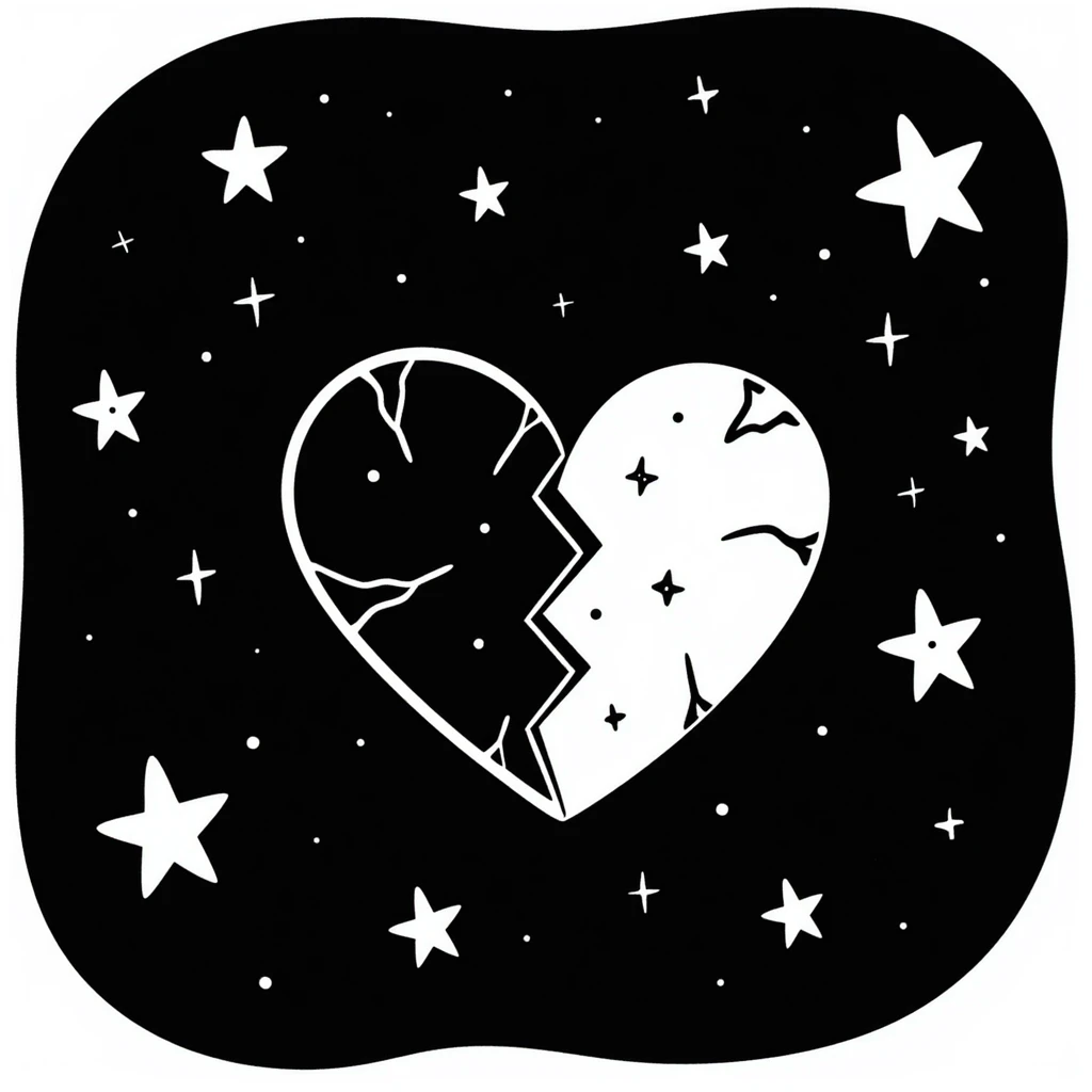 A broken heart surrounded by small, shining stars, with a dark background and a dreamy atmosphere emoji