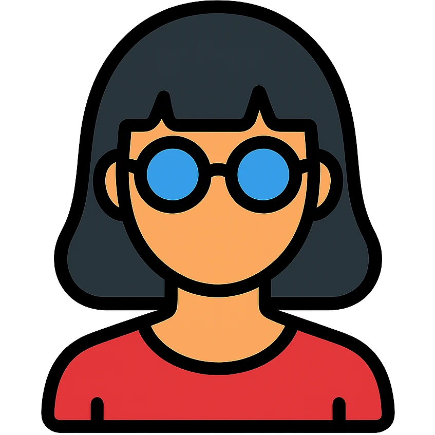 mujer con pelo negro, flequillo y gafas icono color outline emoji