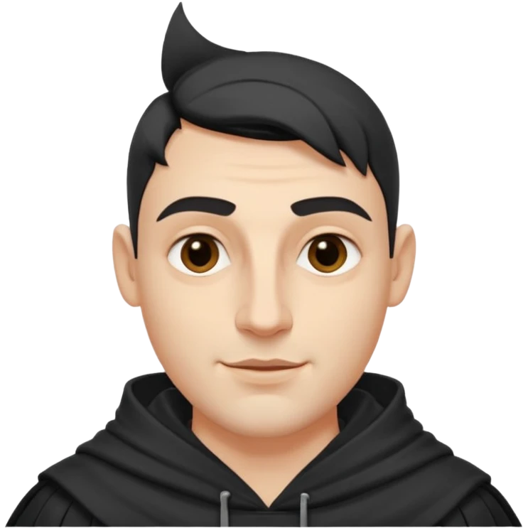 A handsome man with fair complexion. masculine, roman, slightly crooked nose. Thick triangular eyebrows. Hooded eyes and black pupils.  smily lips with a heavy top lid.  Jinu haircut emoji