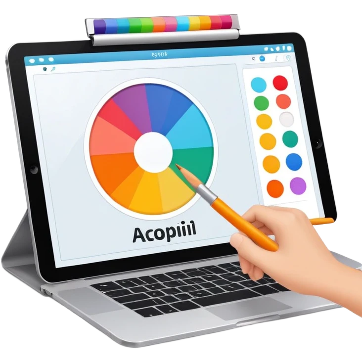 digital screen showing a basic logo being edited, with vector handles and a color palette emoji
