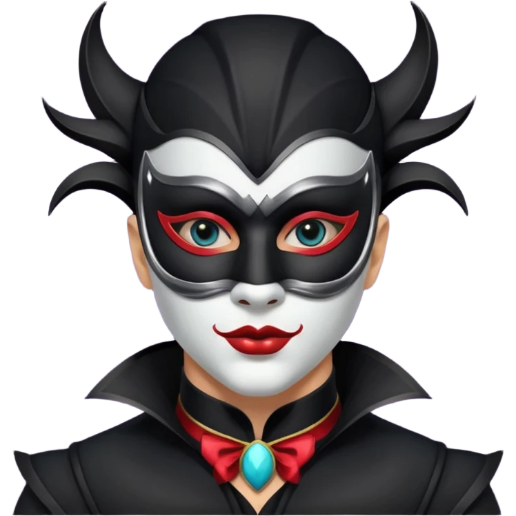 masked circus acrobat portrait, head and shoulders only, elegant carnival mask, dark outfit collar, dramatic expression, 3D cartoon, mobile game icon style, clean background, no text, no watermark
 
 emoji