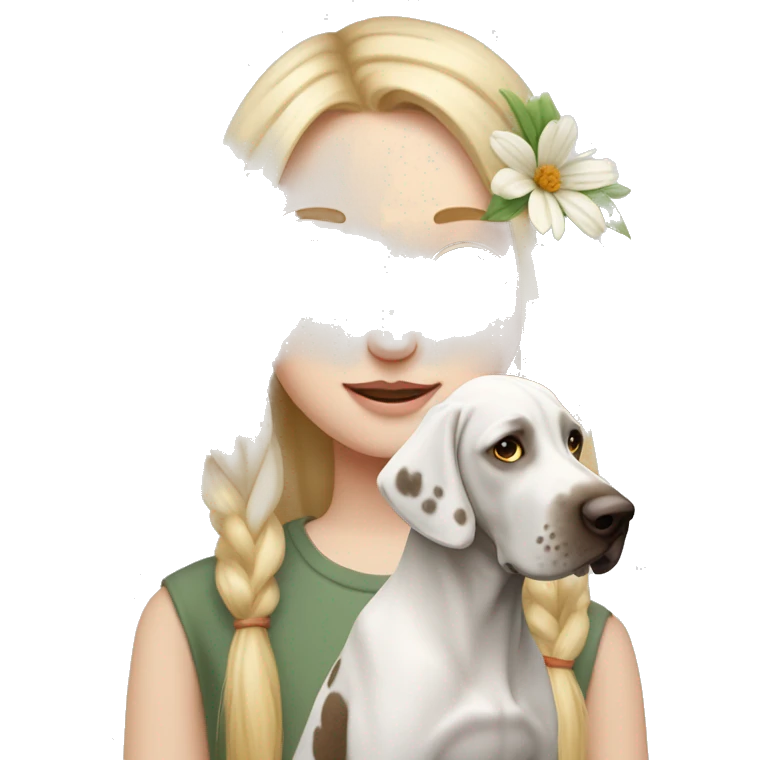 pale skin girl with blue eyes with long blonde hair that has a flower in her hair  holding a English pointer mixed with a lab dog the dog also has a flower in its hair emoji