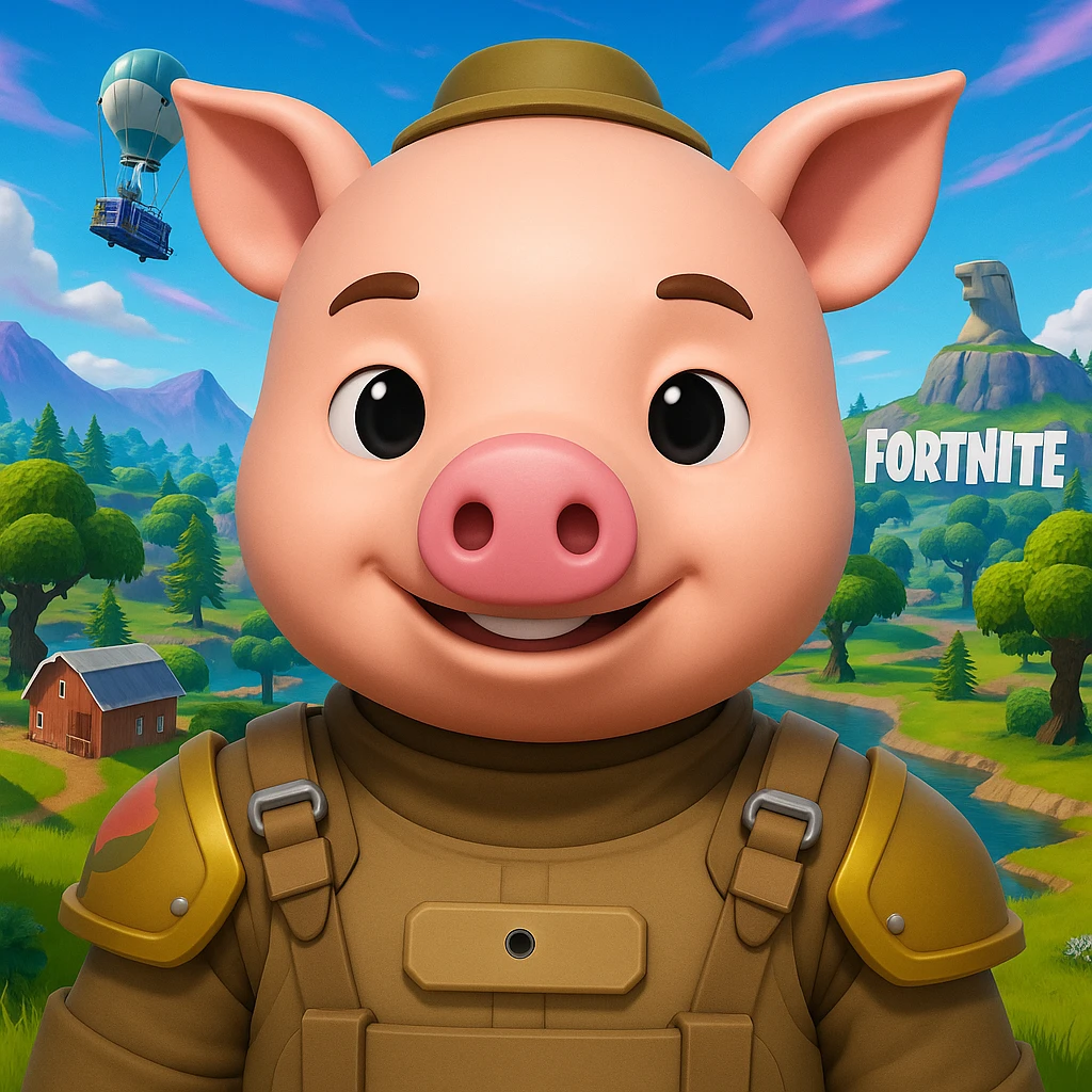 Add a Fortnite battle royale background behind John Pork, featuring iconic Fortnite scenery such as recognizable landmarks, vibrant colors, and dynamic elements from the game environment. emoji