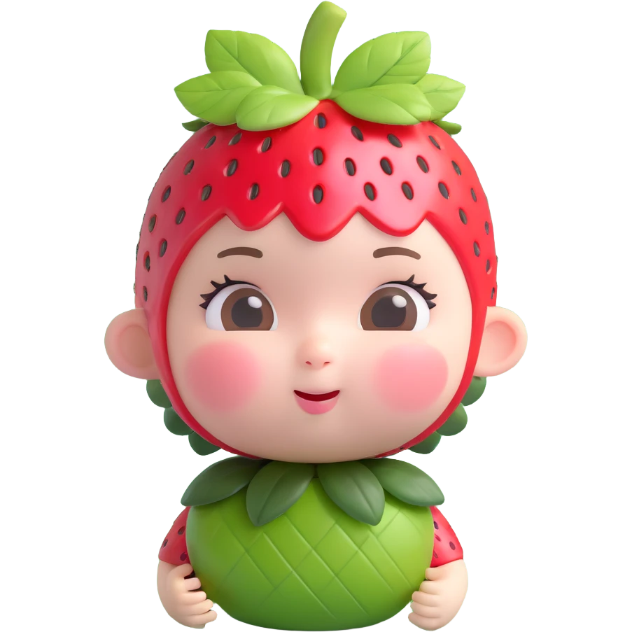 soft cute baby-faced character with pinkish skin, strawberry leaf and small strawberry on head, round body, expressive facial features, 3D style emoji