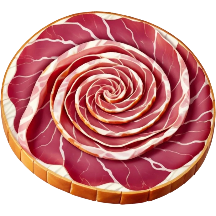 dry-cured Italian ham thin folded slices, deep pink-red, translucent, creamy white fat marbling, natural curl, silky surface, no plate, garnish, or packaging, soft lighting, emoji scale emoji