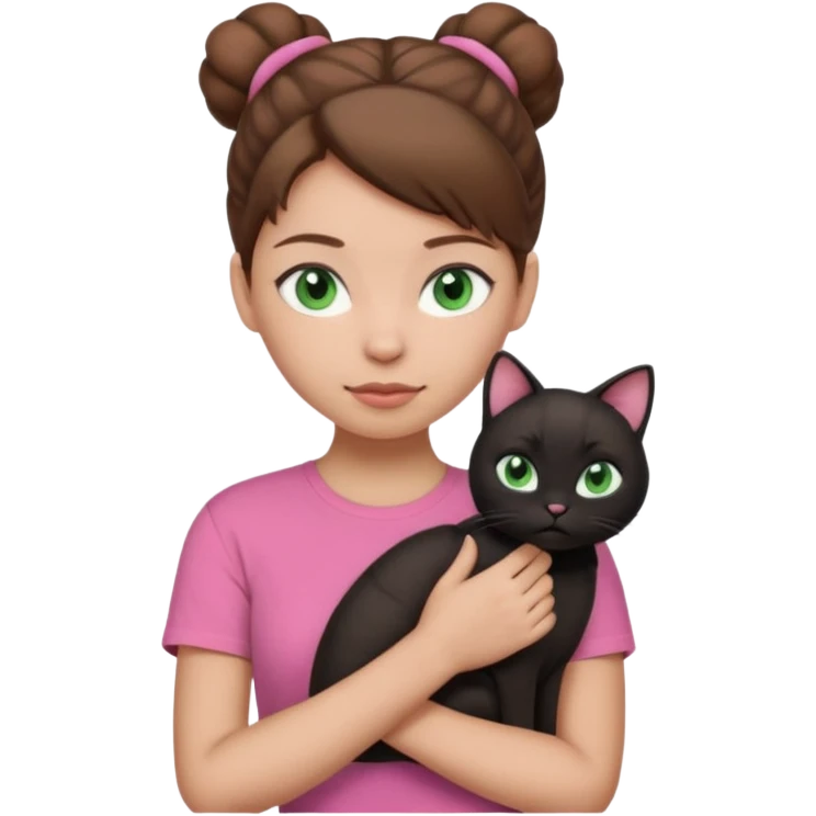 girl emoji with blue eyes, light skin, brown hair in a bun, wearing a pink t-shirt, black cat with green eyes sitting on her shoulder emoji