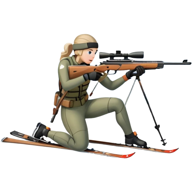 An icon showing a snowy landscape with pine trees, mountains and a clear sky with a biathlete aiming a rifle in the foreground, wearing winter gear and skis. Transparent background emphasizes the precision, endurance, and beauty of this winter sport. emoji