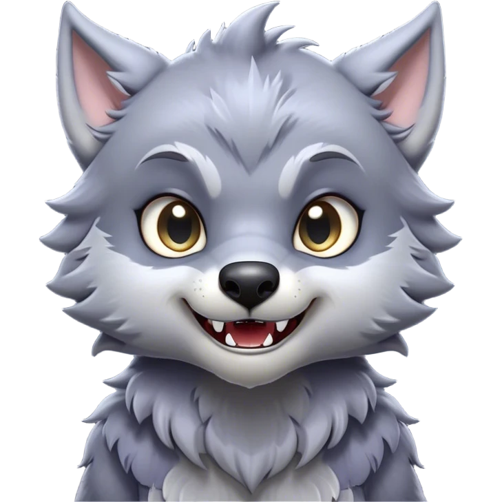Cinematic Cute Werewolf Portrait Emoji, with a cuddly, miniature lupine form in soft moonlit grays and silvers, featuring oversized sparkling eyes and a sweet, endearing snarl, simplified yet irresistibly adorable, highly detailed with a gentle glowing outline that captures the playful, heartwarming essence of a little werewolf! emoji