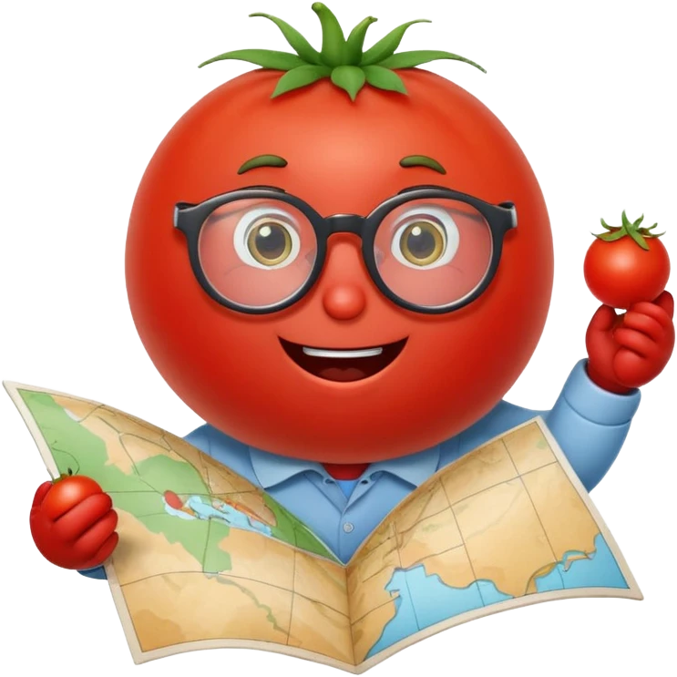nerdy tomato character holding a map, with glasses and a cheerful expression emoji
