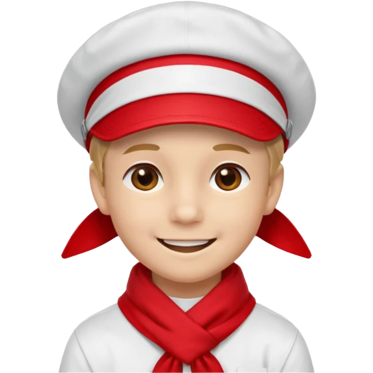 A Soviet pioneer emoji — smiling young boy wearing a bright red tie (pioneer neckerchief) and a red pilotka cap. White shirt, neat and cheerful, minimal flat emoji style, simple colors, clear outlines, professional emoji design. emoji