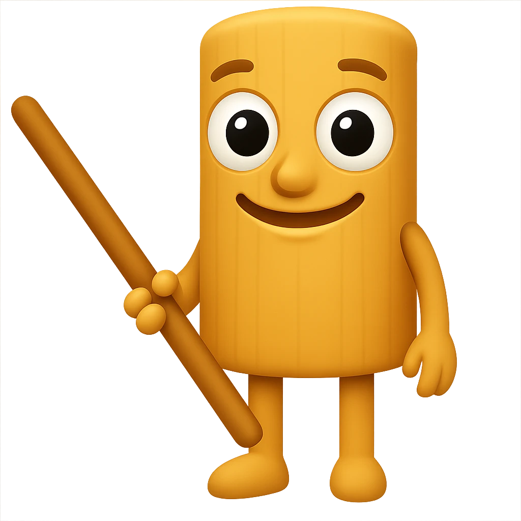Create an emoji of a wooden character with big eyes and a stick, keeping the playful and quirky look. The style should be suitable for an emoji. Remove the background entirely. emoji