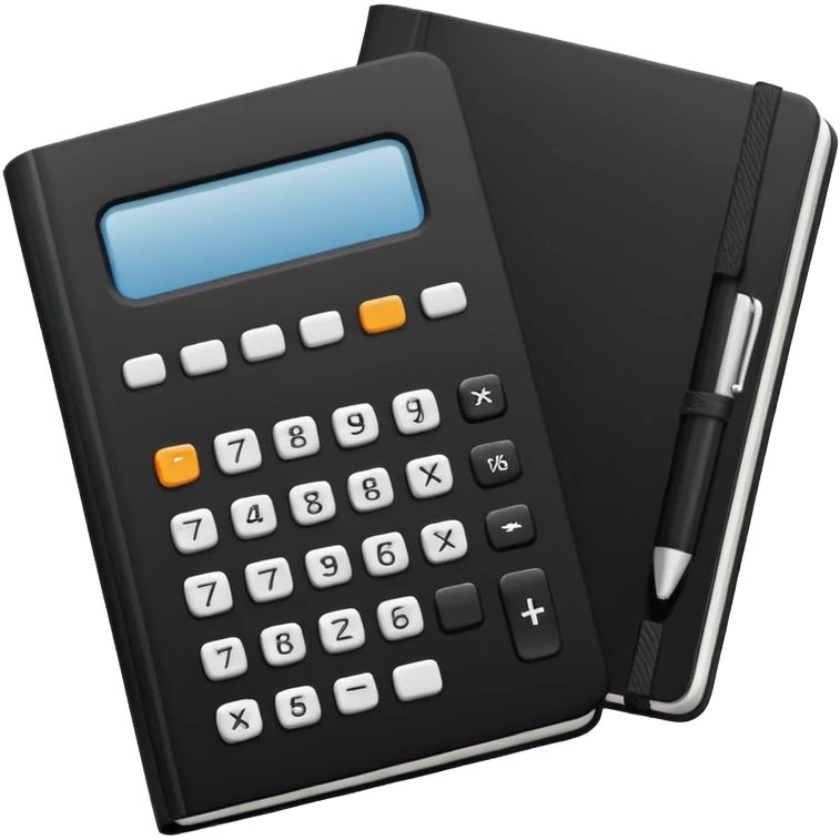 Minimalistic flat vector icon, iOS style, thin black contour on white background. Small black notebook with visible binding, placed next to a calculator. Clean, modern, no text, no shadows. emoji