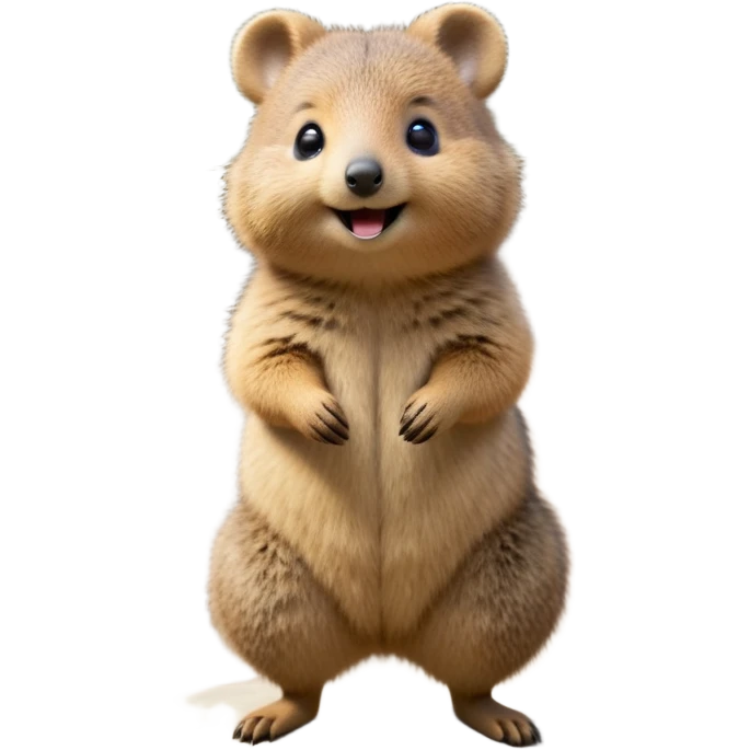 cinematic-quokka-realistic-full-body-standing on its hind legs hunched over-emoji,-small-round-frame-balanced-on-tiny-strong-hind-legs,giant fluffy cheeks large smile-fluffy-brown-fur-radiating-a-warm-softness,-big-round-eyes-filled-with-joy-and-innocence,-tiny-clawed-paws-held-close-to-chest,-cheerful-smile-exuding-endearing-happiness,-simplified-yet-realistic-focused-features,-highly-detailed,-glowing-with-a-sunny-warmth emoji