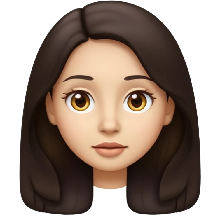 Emoji-style illustration, identical to modern Apple / iOS emoji style. Front-facing woman with long dark hair, neutral calm expression, big rounded eyes, soft gradients, smooth 3D-like shading. emoji