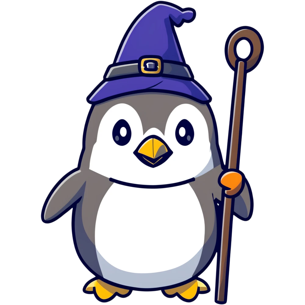 penguin wizard with a staff and hat emoji