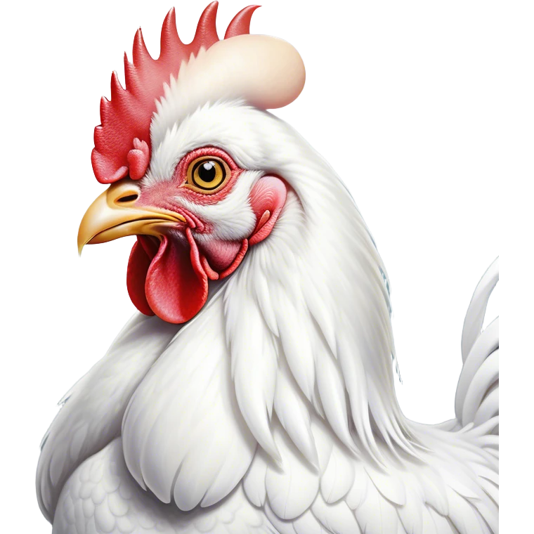 Cinematic Noble White Rooster Portrait Emoji, Poised and regal, with a robust, commanding build and a pristine, well-groomed pure white plumage, deep-set soulful piercing eyes, Simplified yet sharp and sophisticated features, highly detailed, glowing with a soft, dignified glow, high shine, intelligent and proud, stylized with an air of barnyard majesty, focused and attentive, soft glowing outline, capturing the essence of a watchful and confident leader, so majestic it feels as though it could crow out of the screen with effortless authority! emoji