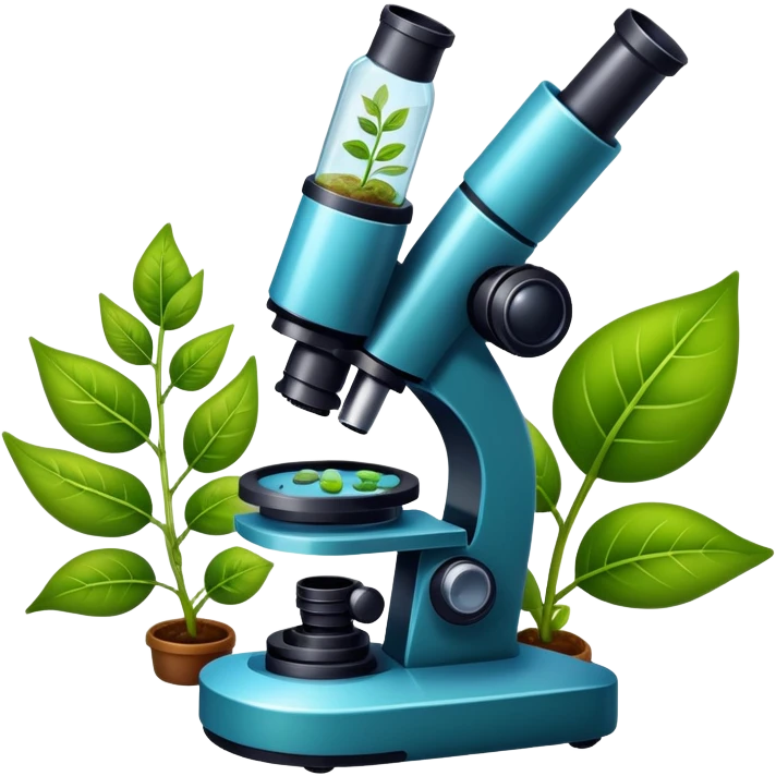 An icon featuring a microscope, a DNA strand, and plant leaves, symbolizing biology. The design includes cells, a test tube with a plant sample, representing life sciences, ecosystems, and the study of organisms. Transparent background highlights the exploration of living systems. emoji