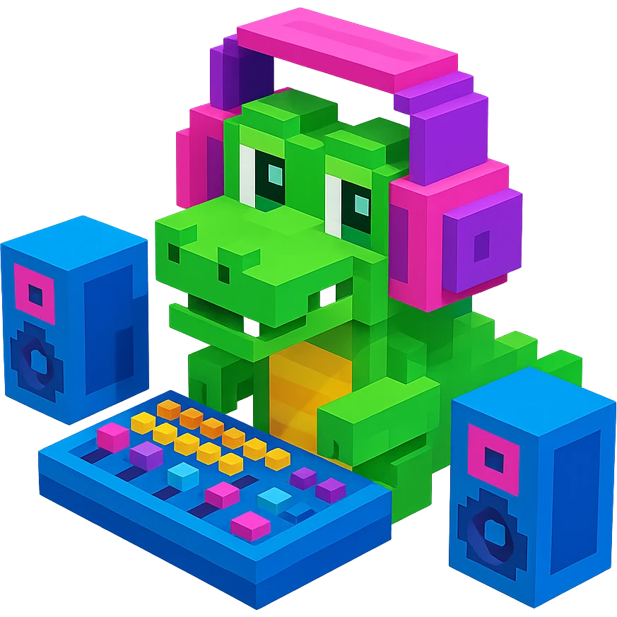 voxel style crocodile with large over-ear headphones in a music studio, isometric view, visible studio equipment like speakers and mixing desk emoji
