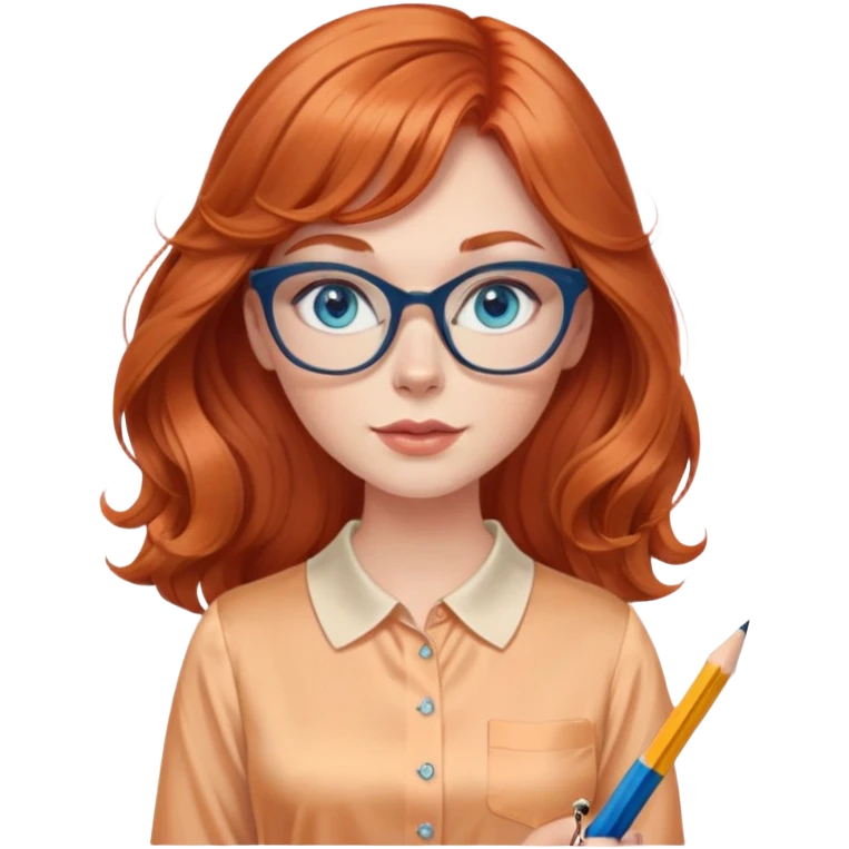 redheaded woman with very long wavy hair and bangs, blue eyes, clear cat-eye glasses, apricot silk blouse, pencil skirt, holding a pencil emoji