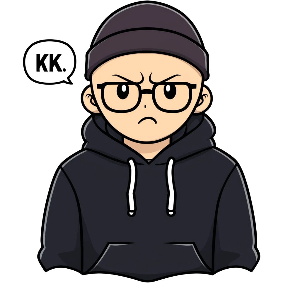 bald white guy with glasses, wearing a black beanie, black hoodie, angry furious expression, thought bubble that says “kk” emoji