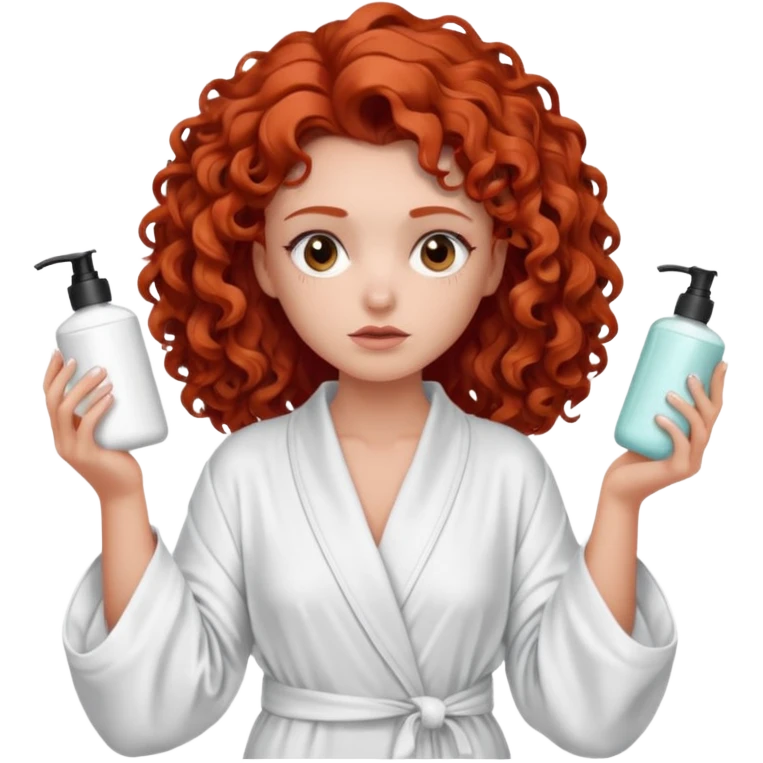 Cartoon emoji of a girl with voluminous curly red hair, fair skin, brown eyes. Wearing a chic milky silk robe with long sleeves, no makeup. Portrait mode, holding 2 moisterizers or different skin care products, looking super doubtful twisted and unsure. she is miserab;e emoji