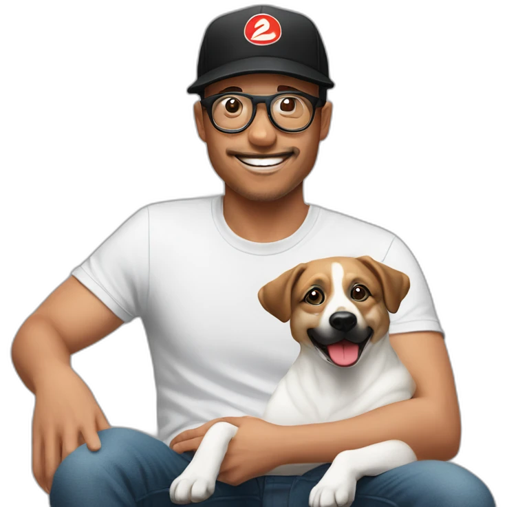 shibba dog resting on a man's lap. white man is wearing a black baseball cap with a red circular logo on it, has 5 o'clock shadow, and wearing clear acetate glasses emoji