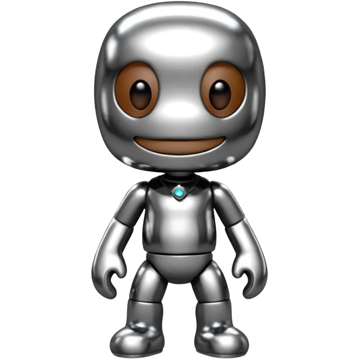 Turn this Sackboy character in the photo into 3D chrome metallic style, highly reflective and shiny, with realistic details emoji